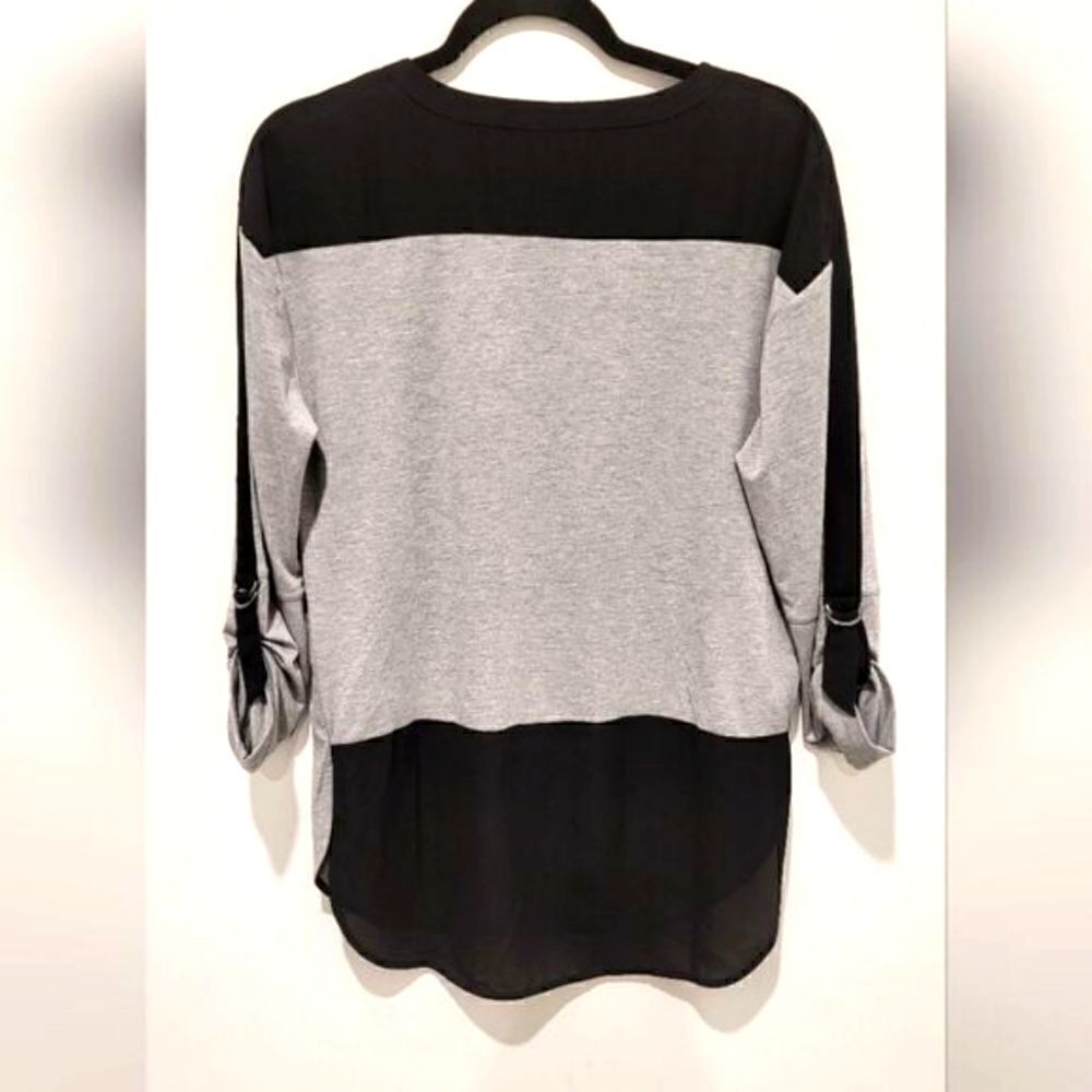 Lysse Billie Roll Tab top gray/black sheer back hem size Small